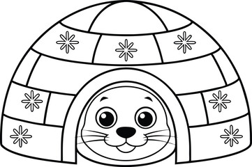 Igloo Outline with Seal Face in Entrance, Arctic Home with Snowflake Design