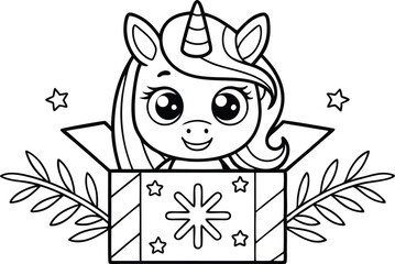 Unicorn Peeking Out of Box with Stars and Floral Accents Outline Style