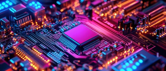 Obraz premium Neon Circuit Board: Close-up of a Microchip's Intricate Design