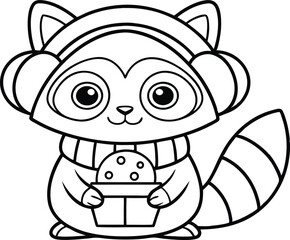 Outlined Raccoon with Headphones Holding Cupcake on Transparent Background