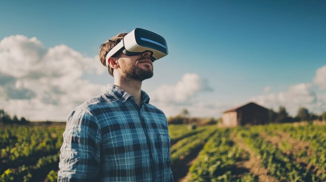 Young man wearing augmented reality glasses standing confidently in a farm setting symbolizing the future of farming and the integration of advanced technology in agriculture