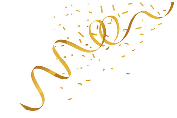 Gold confetti and ribbon background, isolated on transparent background. Gold confetti and ribbons