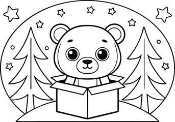 Outline Bear in Box with Christmas Trees Stars on Transparent Background for Coloring