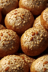 Close-up of freshly baked sesame seed rolls