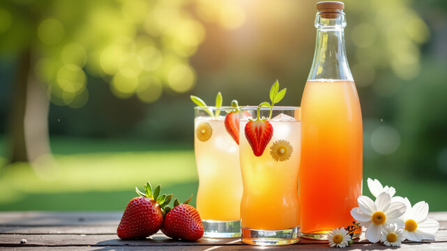 Feast in a Bottle: Image of glasses of spring drinks on a terrace overlooking a garden.