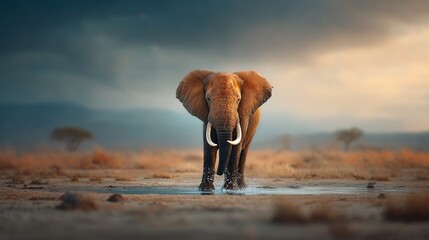 Majestic elephant stands proudly in a savanna, facing forward, bathed in golden light, water around feet