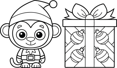 Outlined Cartoon Monkey Wearing Santa Hat Beside Gift with Bauble Pattern