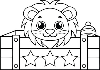Cartoon Lion Head Peeking over Wood Box with Stars Outline on Transparent Background