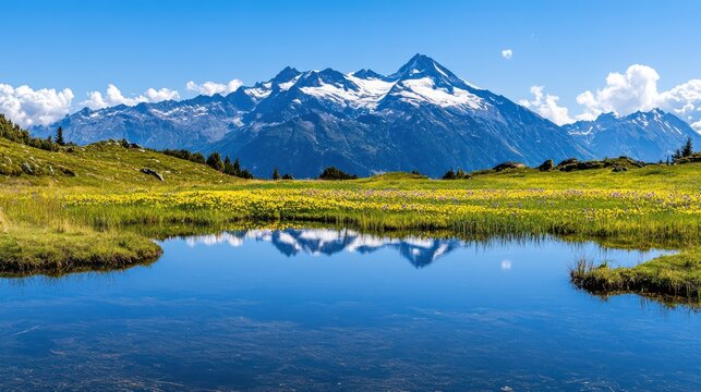 Serene Mountain Lake Reflection: A breathtaking panorama of a tranquil alpine lake mirroring majestic snow-capped mountains under a vibrant blue sky.