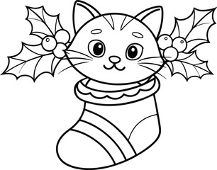 Outline Cat with Holly Berry Leaves in Christmas Stocking on Transparent Background