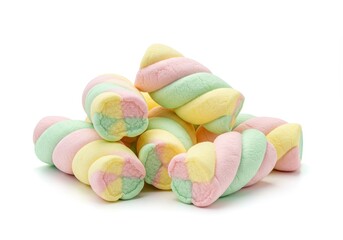 Pastel-colored twisted marshmallows with fluffy texture and soft hues on white background