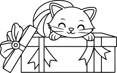 Cartoon contour drawing of a cat in a present box with transparent background