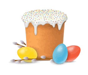 Orthodox Easter Cake and Eggs with Willow Branches Vector Illustration