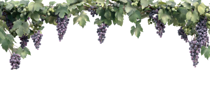 Grapevine Border With Lush Green Leaves And Purple Grapes. Vineyard Harvest Theme Isolated On Transparent Background