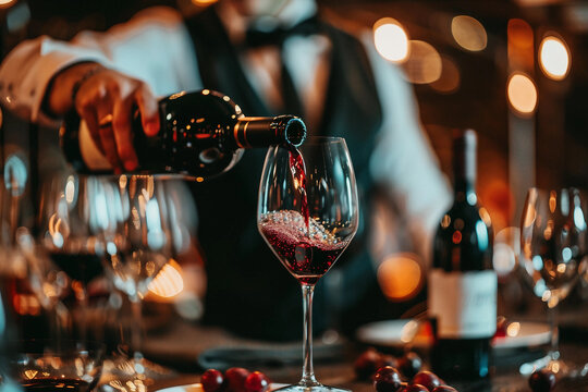 Generative AI image sommelier pouring wine into glasses during formal tasting event in luxurious restaurant wine storage winery