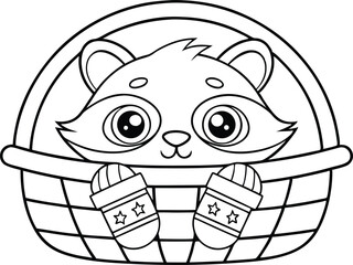 Cartoon Raccoon in Wicker Basket with Stars on Mittens Outline