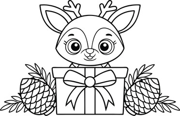 Cartoon Reindeer Peeking Over Present With Pinecones Line Art On White Isolated