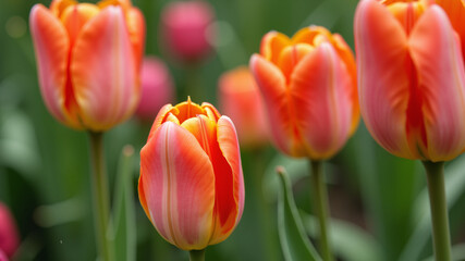 Obraz premium Garden Flowers: Close up of tulips in bloom against green leaves.