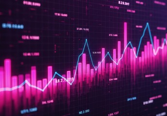 Futuristic stock market visualization with glowing sine wave and data bars in pink and blue hues
