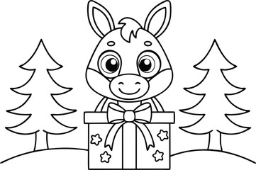Cartoon Donkey with Gift and Christmas Trees Outline for Coloring Book Page