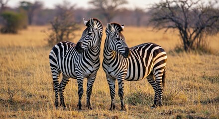 Zebra Pair Standing Close in Golden Savannah Grass, African Wildlife Stripes Beautiful Animals View