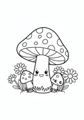 Charming Mushroom Family Illustration with Floral Accents for Children's Content