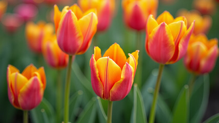 Obraz premium Garden Flowers: Close up of tulips in bloom against green leaves.