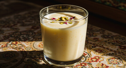 Refreshing Indian Lassi Yogurt Drink in Glass, Garnished with Pistachios and Rose Petals
