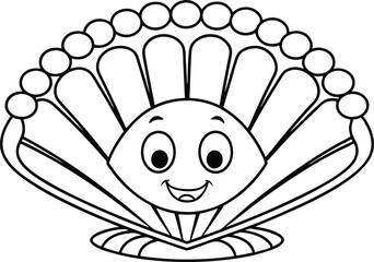 Cartoon Clam Shell with Smiling Face and Pearl Border on White Background Outline