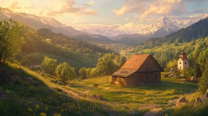 Mountain village at sunset, peaceful scene, tranquil valley, scenic background, possible use for nature wallpaper