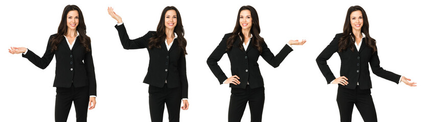 Pretty brunette businesswoman in several poses gesturing with one hand to empty space isolated on white background