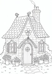 Naklejka premium Enchanting Whimsical Cottage Illustration for Coloring Books and Creative Projects