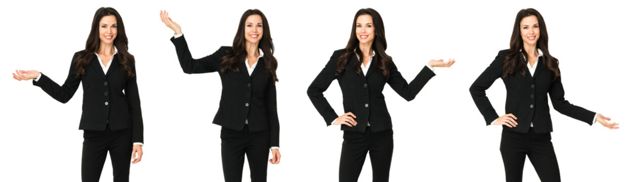 Pretty brunette businesswoman in several poses gesturing with one hand to empty space isolated on white background