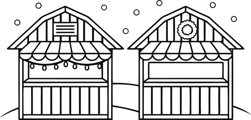 Two Market Stalls with Wreath and Lights with Snowfall Black and White Outlines