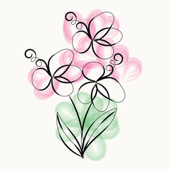 Elegant Watercolor Pink and Green Flowers with Black Line Art