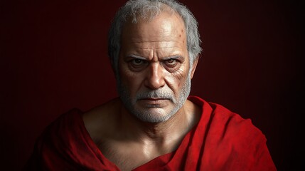 Intense gaze of an aged man in red