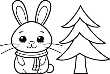 Line art cute rabbit with scarf and evergreen tree on white background image