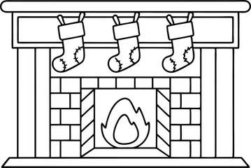Fireplace with Mantle and Stockings Outline Style on Transparent Background
