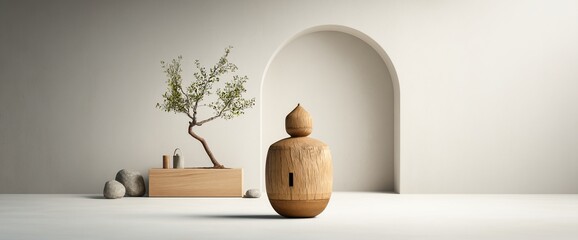 Minimalist zen composition with wooden art, bonsai tree, and architectural arch