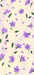 Hand-drawn purple flowers and green leaves on a light yellow background, light purple patterned