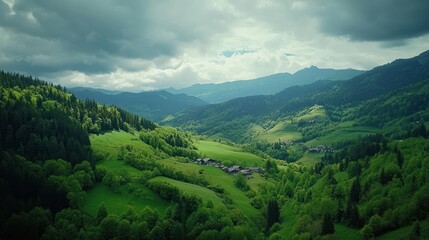 Naklejka premium Mountain Valley Landscape. Verdant Hills, Cloudy Sky. Scenic View. Potential Stock Photo