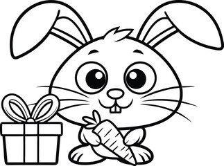 Cartoonish Contour Line Bunny With Carrot And Present On Transparent Background