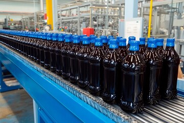 A series of dark-colored bottles moves steadily along a conveyor belt in a beverage production facility
