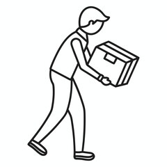 Line Art of Delivery Worker Holding a Package – Minimalist Black and White Logistics Illustration