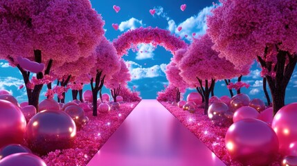 Pink Blossom Path: Dreamy Landscape with Spheres
