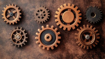 Interlocking bronze gears on rustic backdrop