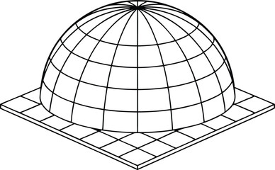 Dome Structure Over Square Grid, Isometric Perspective, Black and White Line Art ©  Design_ mn