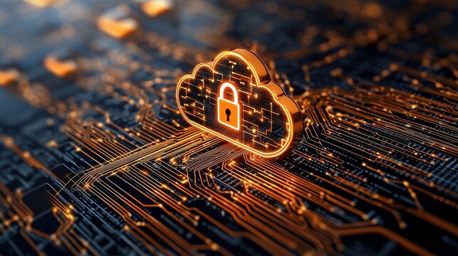 A digital drawing of a cloud symbol with a padlock, representing data security and cloud computing against a circuit board background. - Powered by Adobe