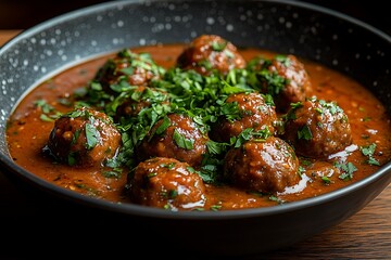 Meatballs in tomato sauce with parsley garnish