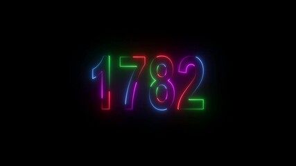 neon sign 1782 ,Four neon color Glowing neon number text background 4k video animation . 1782 title metal text on black alpha channel background